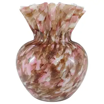 Welz Czech Pink & Brown Spatter Glass Crimped Vase