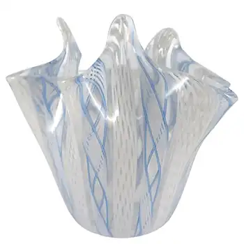 Murano Blue & White Zanfirico Glass Fazzoletto Handkerchief Vase