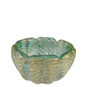 Barovier & Toso Murano Cordonato d'Oro Gold Leaf Green Glass Bowl