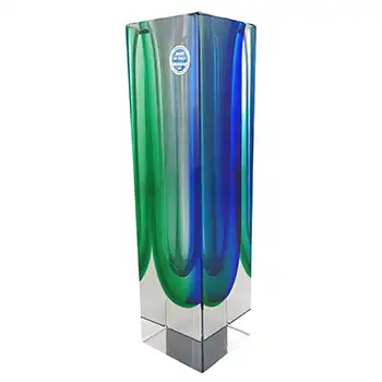 Murano Faceted Green & Blue Sommerso Glass Block Vase