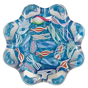 LABELLED John Deacons Blue Glass Zanfirico Lace Pie Crust Paperweight