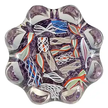 LABELLED John Deacons Purple Glass Zanfirico Lace Pie Crust Paperweight