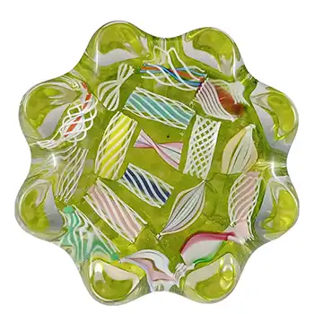 LABELLED John Deacons Yellow Glass Zanfirico Lace Pie Crust Paperweight