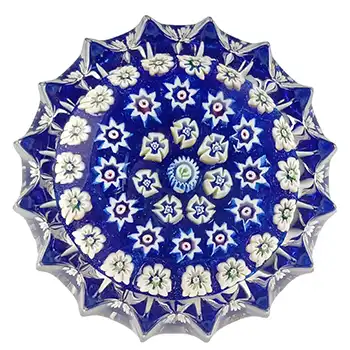 LABELLED John Deacons Blue Glass Millefiori Thistle Star Paperweight