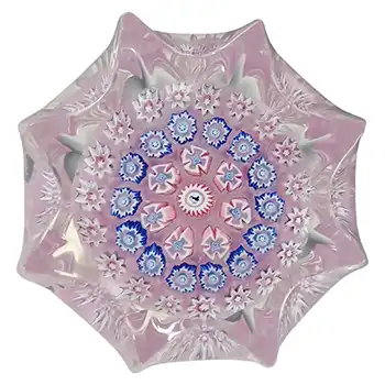 LABELLED John Deacons Pink Glass Millefiori Bird Star Paperweight