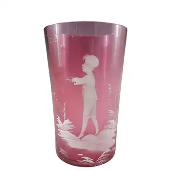 MARKED Mary Gregory Bohemian Hand Enamelled Glass Tumbler