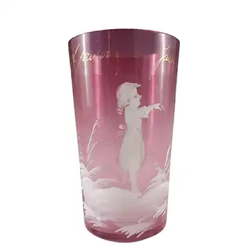 Mary Gregory Bohemian Hand Enamelled Cranberry Glass Tumbler