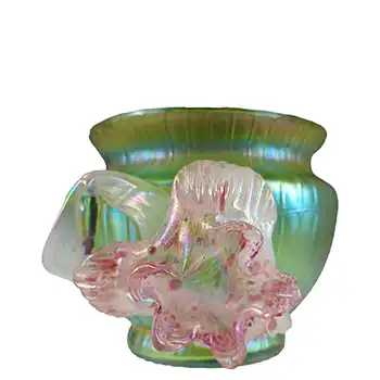 Kralik Art Nouveau Applied Flower Iridescent Green Glass Vase