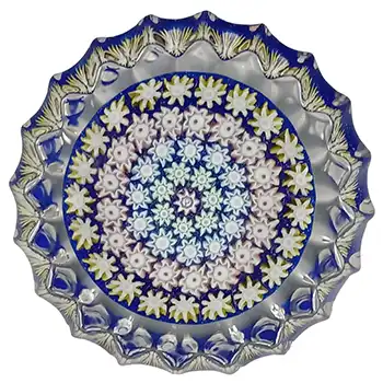 LABELLED Perthshire Blue Glass Millefiori Star Paperweight - P Cane