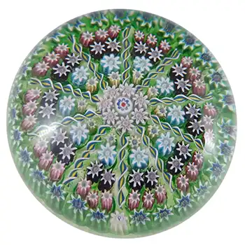 Perthshire Vintage Green Glass Millefiori Paperweight - P Cane
