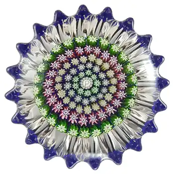 Perthshire Vintage Blue Glass Millefiori Star Paperweight - P Cane