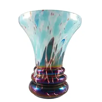 Czech Blue & Dark Red Iridescent Spatter Glass Vase
