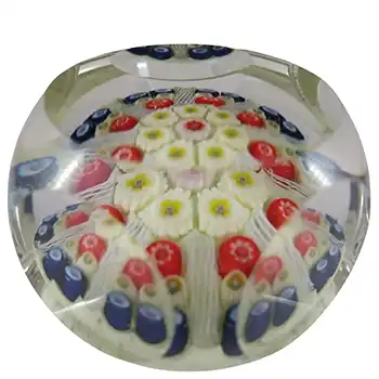 SIGNED 1977 Strathearn Millefiori Spoke Faceted Yellow Glass Paperweight