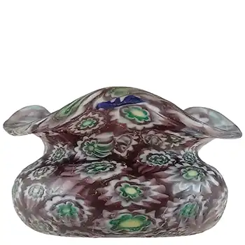 Fratelli Toso Millefiori Canes Murano Purple, Green & White Glass Vase