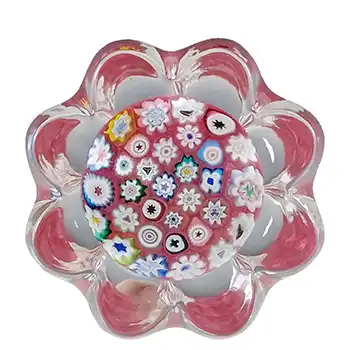 MARKED Caithness Pink Glass Millefiori Pie Crust Paperweight