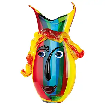 Gilde Handwerk Chinese Red, Yellow & Blue Glass Picasso Style Face Vase