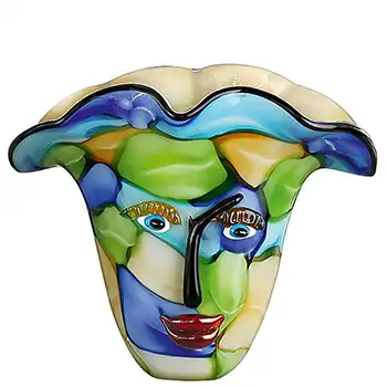Gilde Handwerk Chinese Green, Yellow, Blue & Cream Glass Picasso Style Face Vase