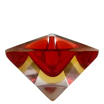 Murano Faceted Red & Amber Sommerso Glass Triangular Block Bowl
