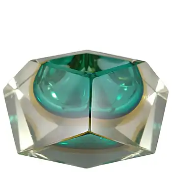 SIGNED LARGE Murano Faceted Green & Amber Sommerso Glass Bowl