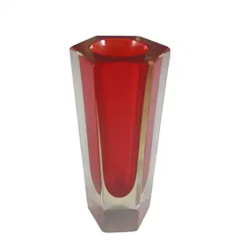 Murano Faceted Red & Amber Sommerso Glass Hexagonal Block Vase