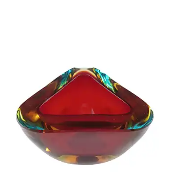 Murano Red, Amber & Blue Sommerso Glass Triangular Geode Bowl
