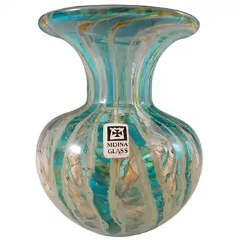 SIGNED Mdina 'Crysal Blue Stripe' Maltese Glass Vase