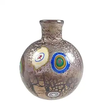 Murano Grey & Silver Leaf Glass Globe Vase w/ Effetre Murrine Canes