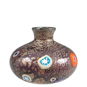 Murano Grey & Silver Leaf Glass Squat Vase w/ Effetre Murrine Canes