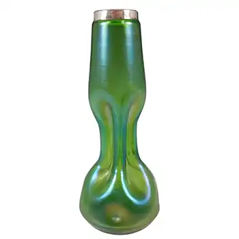 Welz Art Nouveau Bohemian Iridescent Green Glass & Silver Vase