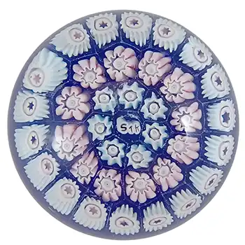 John Deacons Miniature STK St Kilda Blue & Pink Glass Millefiori Paperweight