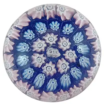John Deacons Miniature STK Cane Blue & Pink Glass Millefiori Paperweight