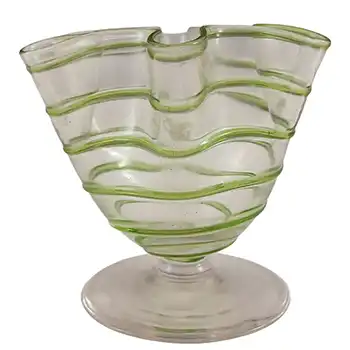 Stuart & Sons Victorian Green & Clear Glass Crimped Vase with Applied Trailing