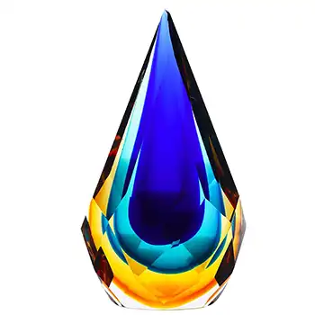 Chinese Murano Style Blue & Amber Faceted Sommerso Glass Teardrop Paperweight