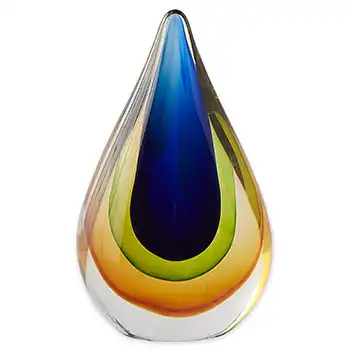 Chinese Murano Style Blue, Green & Amber Sommerso Glass Teardrop Paperweight