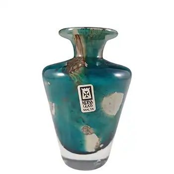 LABELLED Mdina 'Tiger' Maltese Blue & Brown Vintage Glass Vase