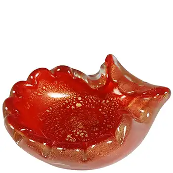 Murano / Venetian Red Glass & Gold Leaf Scalloped Ashtray Bowl