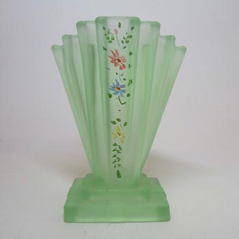Bagley #334 Art Deco 6" Painted Green Glass 'Grantham' Vase