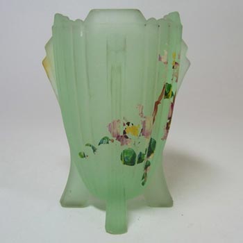 Bagley #3057 Art Deco 3.75" Painted Green Glass 'Bedford' Vase