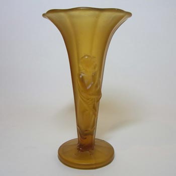 1930's Czech Art Deco Amber Glass Semi Nude Lady Vase