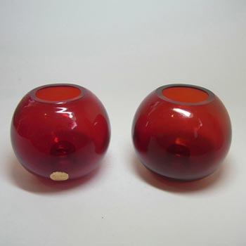 2 x Swedish Flygsfors Red Glass Candlesticks - Labelled