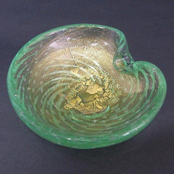 Murano 1950s Turquoise & Gold Leaf Glass Sculpture Bowl
