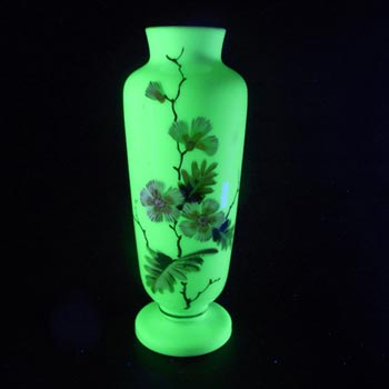 Victorian Hand Painted Opaque Uranium Green Glass Vase