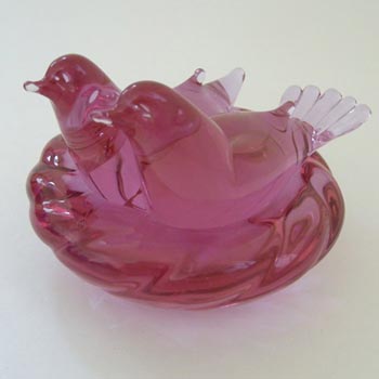 Archimede Seguso Murano Pink Glass Birds + Nest - Signed