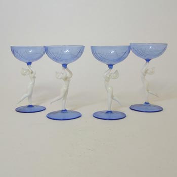 Bimini / Lauscha Set of 4 Blue & White Austrian Nude Lady Spirit Glasses