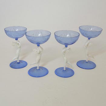 Bimini / Lauscha Set of 4 Blue & White Austrian Nude Lady Spirit Glasses