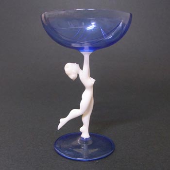 Vintage Blue + White Lampworked Nude Lady Spirit Glass