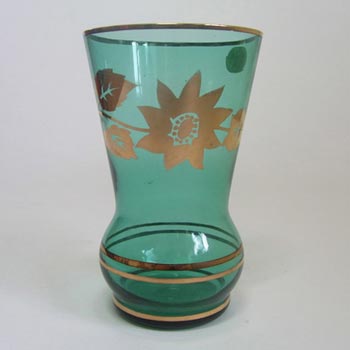 Borske Sklo 1950\'s Turquoise Glass + Gold Gilt Vase
