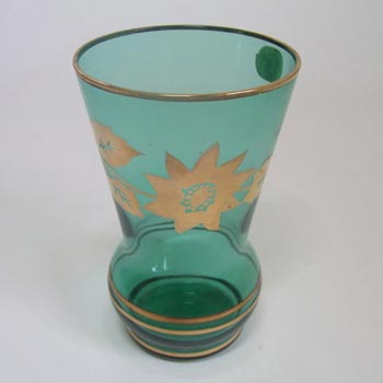 Borske Sklo 1950's Turquoise Glass + Gold Gilt Vase