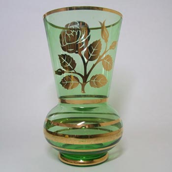 Large Borske Sklo 1950\'s Green Glass + Gold Gilt Vase