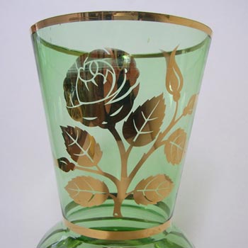 Large Borske Sklo 1950's Green Glass + Gold Gilt Vase